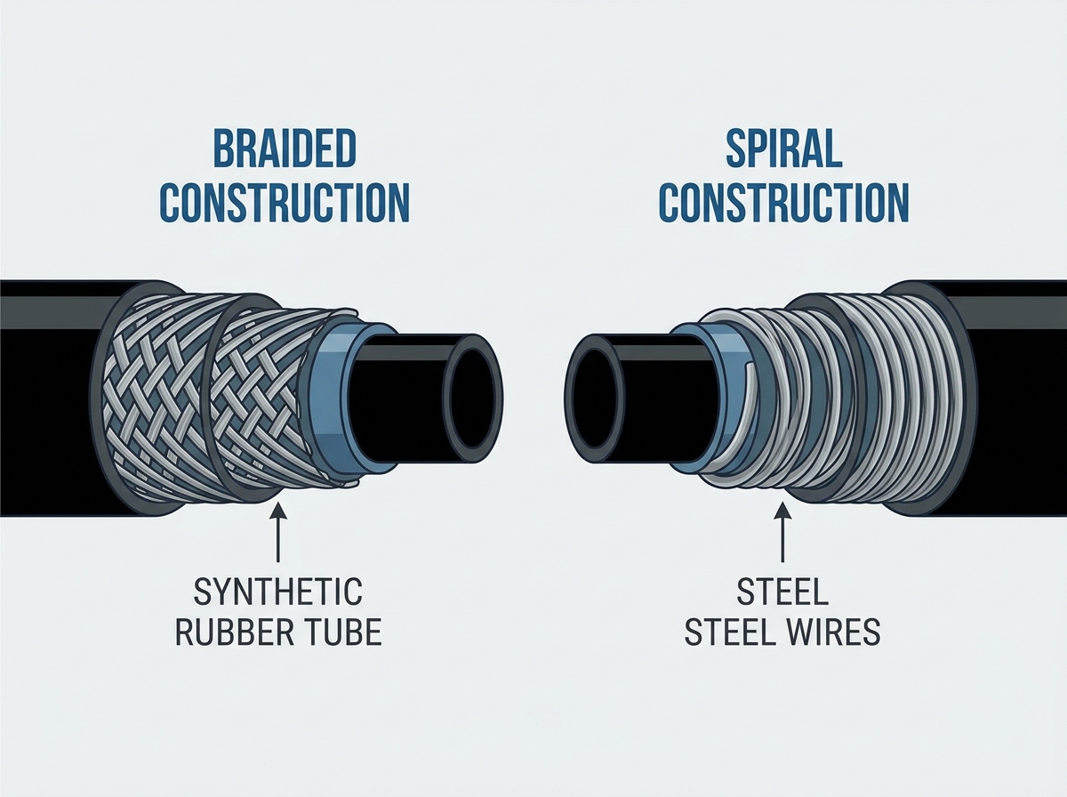 A close-up view of a heavy-duty industrial hydraulic hose showing its reinforced layers and durable outer cover.